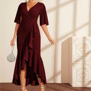 Romwe Semi Formal Wrap Ruffle Trip Maxi Maroon Dress